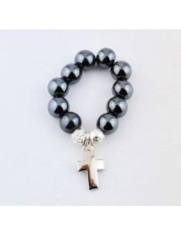 Dizainier élastique avec perles en hématite véritable et croix en métal argenté
