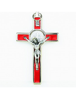 Croix Saint Benoit en métal chromé et émail coloré 13 cm