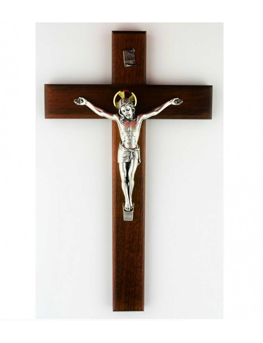 Crucifix en bois 23 cm avec Christ en métal argenté