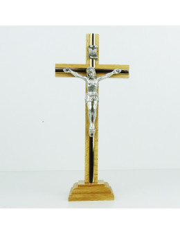 Crucifix sur pied ou calvaire en bois naturel et métal