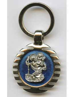 Porte clés rond Saint Christophe émaillé bleu.