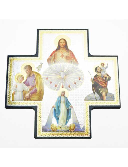 Image sainte sur bois forme croix - Icones St Esprit, Jésus, Marie, Joseph