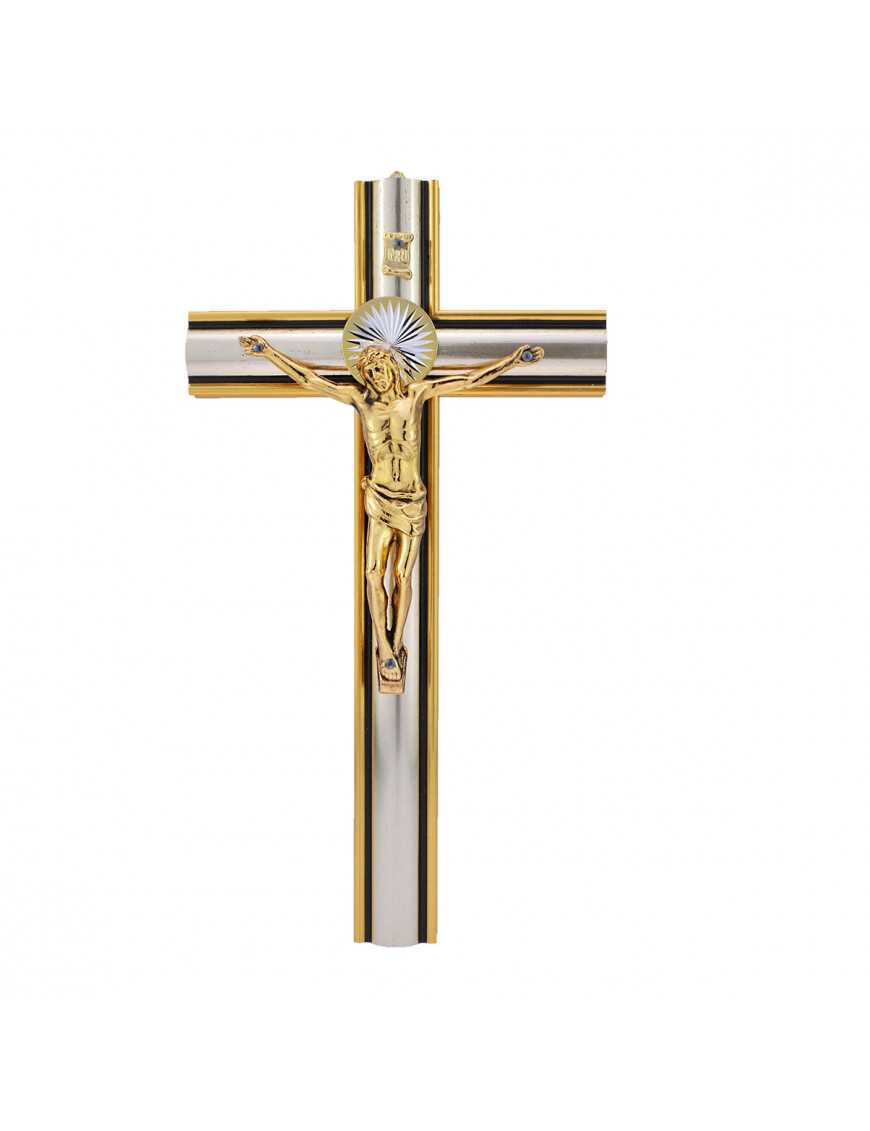 Superbe crucifix / croix en bois doré et argenté, Christ en métal doré