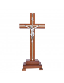Crucifix sur pied / calvaire / croix sur pied en bois foncé naturel et métal