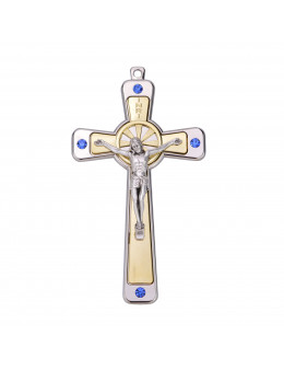 Crucifix / croix métal argenté et doré avec brillants 12 cm