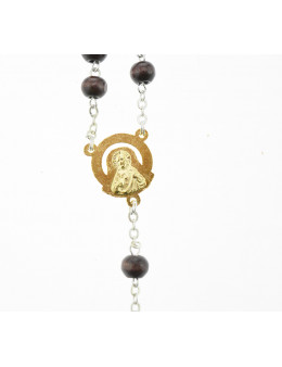 Chapelet perles bois foncé et paters coeurs dorés gravés de l'Apparition