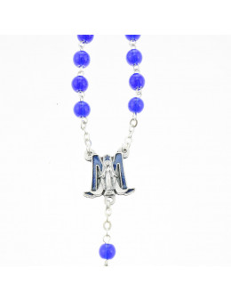 Chapelet chaîne avec perles de verre bleu, coeur smalto et Vierge Miraculeuse