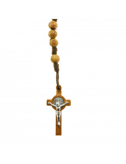 Chapelet Saint Benoit corde et bois d'olivier ciselé avec fermoir mousqueton