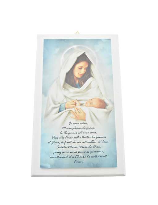 Image sur bois Vierge et enfant, prière Ave Marie en français, cadre blanc