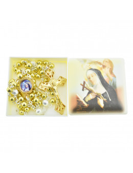 Chapelet Sainte Rita chaîne avec perles dorées avec boite
