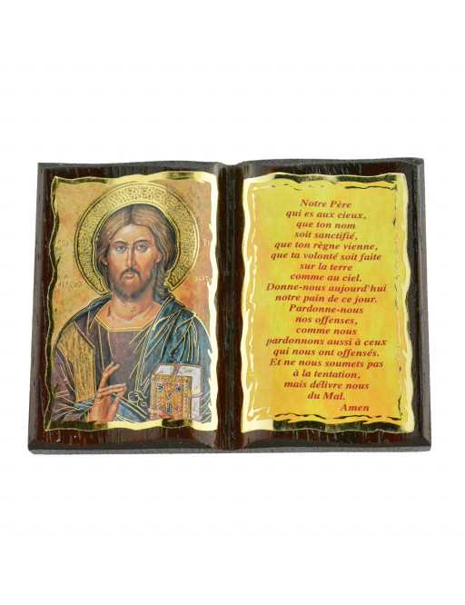 Image sainte sur bois Christ Pantocrator et prière Notre père forme livre ouvert