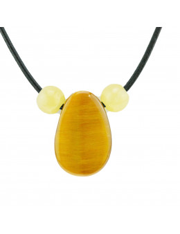 Collier corde et pierres, composition unique Oeil de tigre et calcite jaune
