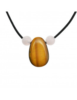 Collier corde et pierres, composition unique Oeil de tigre et quartz rose