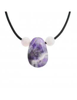 Collier corde et pierres, composition unique Améthyste et quartz rose