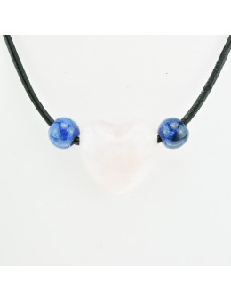 Collier corde et pierre forme coeur, composition unique Quartz rose et Sodalite